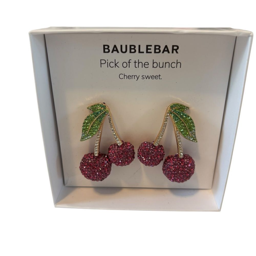 BaubleBar Pick of the bunch Cherry Earrings w/Purple,Green & Clear Pave Crystals